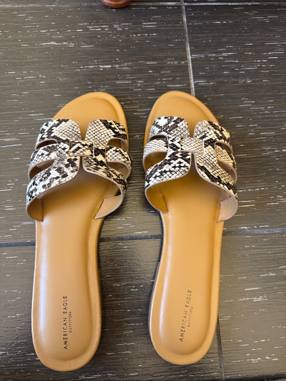 American Eagle Women's Snake-Print Tan Slide Sandals